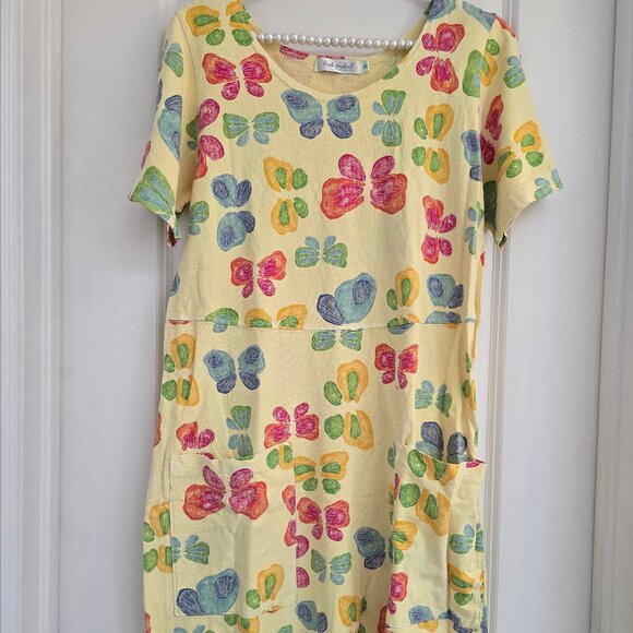 Fresh Produce 100% Cotton Yellow Butterfly Knee Length Dress with 2 Pockets, Med - Picture 1 of 3